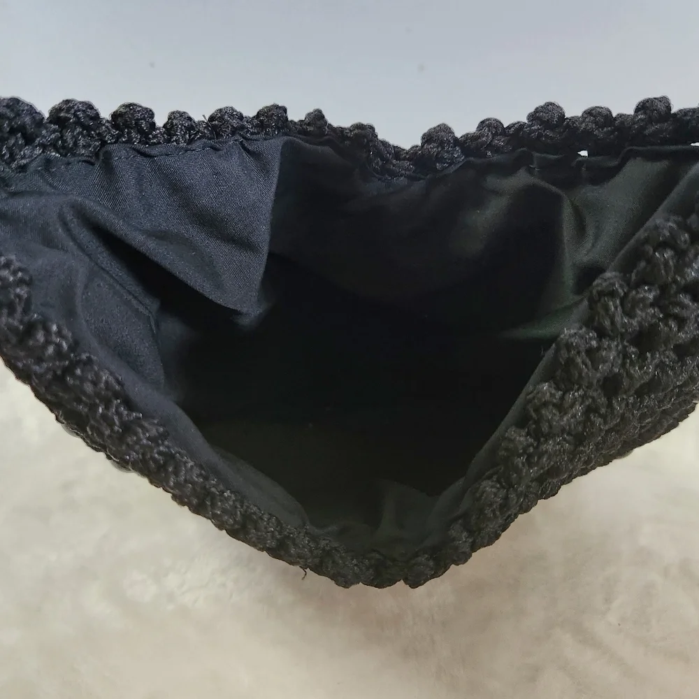 Vintage Hobo Boho Black Beaded Crochet Handbag Shoulder Bag Purse Bag